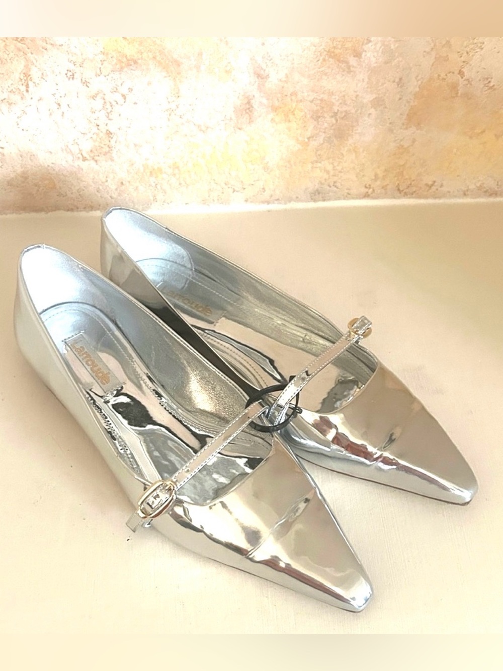 Larroude Metallic Silver Irene Mary Jane Ballet Flats Brazil Size 7 Strap